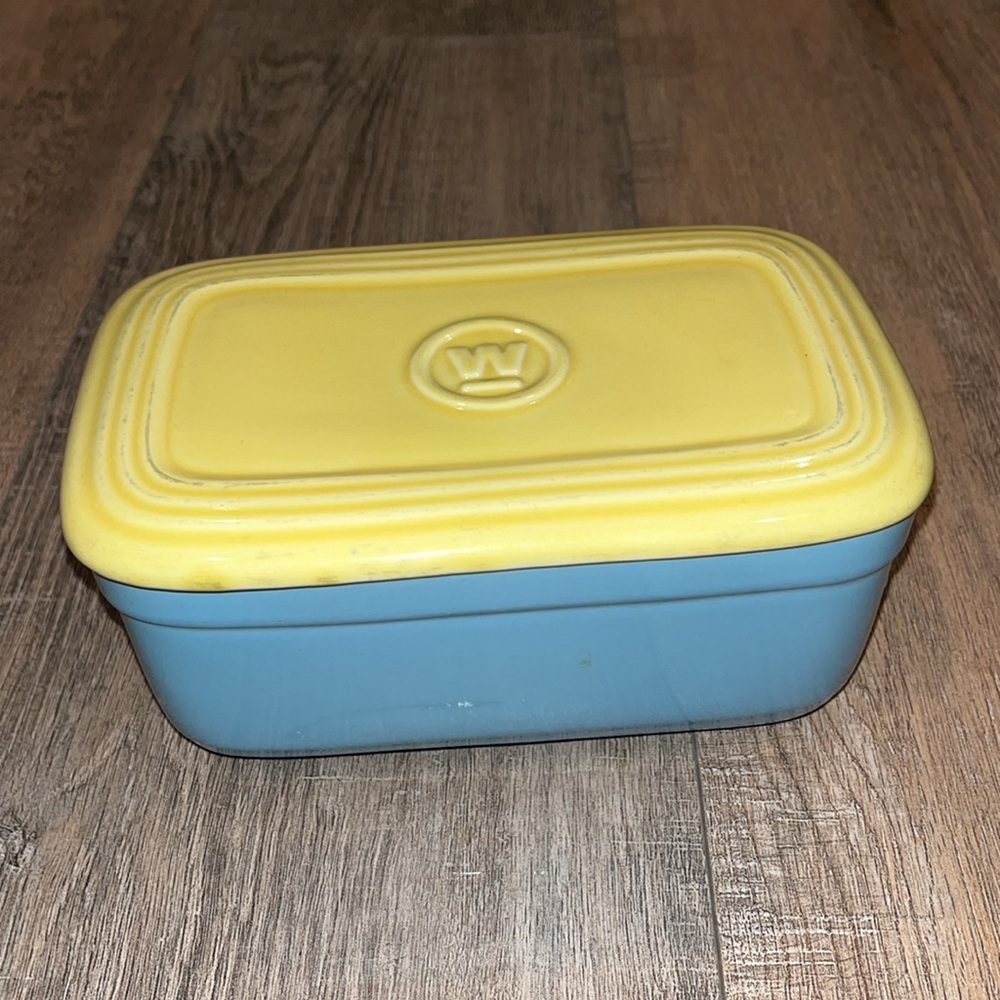 Vintage Westinghouse Refrigerator Dish Box Pottery Blue Yellow Hall China Co